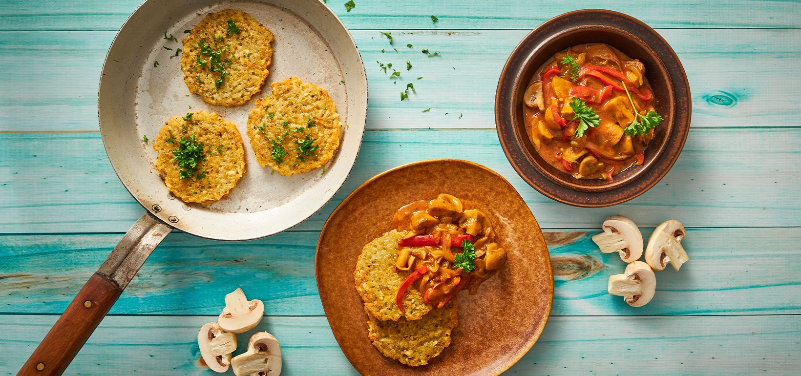 Burgonyalepény fokhagymával és majoránnával, Stroganoff módra készült zöldségraguval
